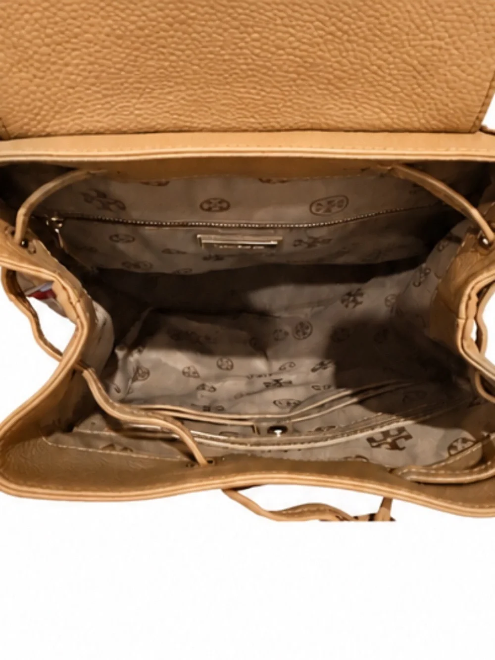 Tory Burch Pebbled Leather Backpack – Tan/Camel with Red & Blue Trim